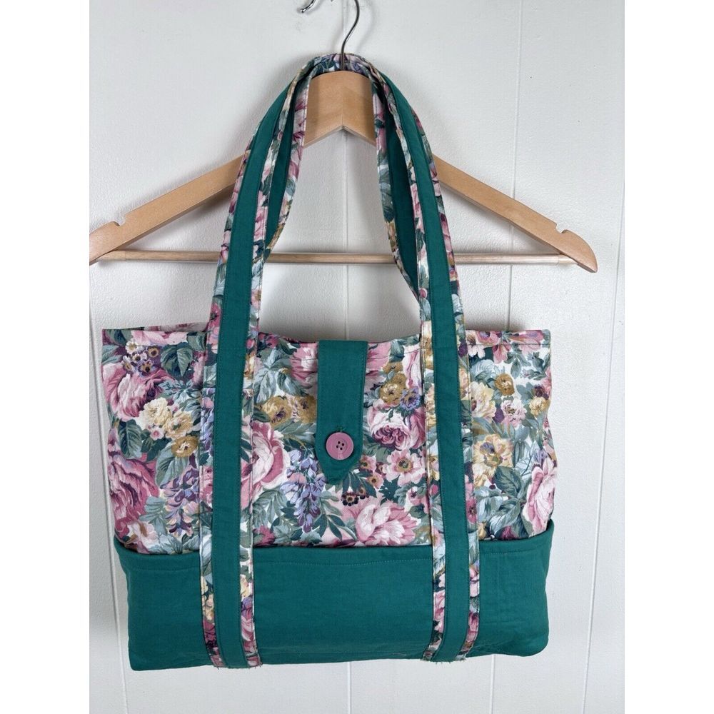Handmade Country‎ Floral Tote Purse Bag Cottagecore Roses Green Pink Canvas